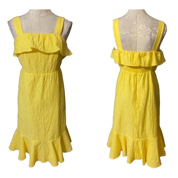 Papagallo Dress Yellow 8 Cruise Resort Wide Strap Smocked Y2K Midi Ruffle NWT - Picture 1 of 7